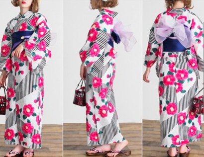 Yukata( Cotton 100% Kimono)2020 [Red camellia and stripe] - Wafuku
